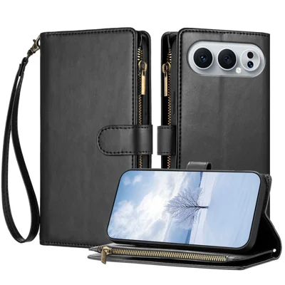 Voor Honor 500 Pro 5G Leren Hoesje met Rits Portemonnee Stand Stootvaste Telefoonhoes met Polsbandje - Zwart