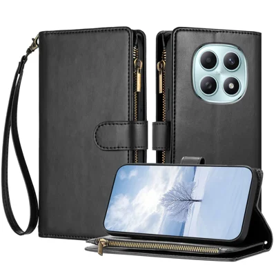 Voor Xiaomi Redmi Note 15 4G (Global) / Xiaomi Redmi Note 15 5G (Global) Leren Hoesje met Rits Portemonnee Stand Stootvaste Telefoonhoes met Polsbandje - Zwart