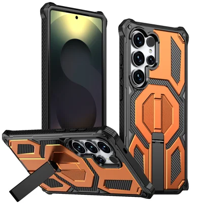 For Samsung Galaxy S24 Ultra Magnetic Case Rotating Kickstand PC + TPU Shockproof Drop-proof Phone Cover - Orange