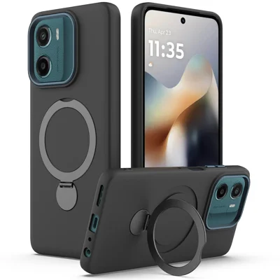 For Motorola Moto E15 4G / Motorola Moto G05 4G Magnetic Case Rotating Ring Kickstand TPU + PC Back Cover - Black