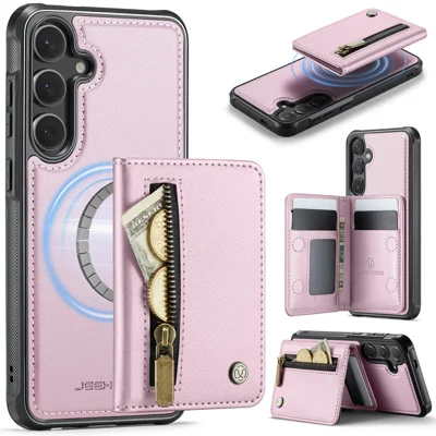 Für Samsung Galaxy S26+ Hülle JEEHOOD J12 Magnetisch Abnehmbare Zipper-Brieftasche Ständer Lederrückseite Kompatibel mit MagSafe - Pink