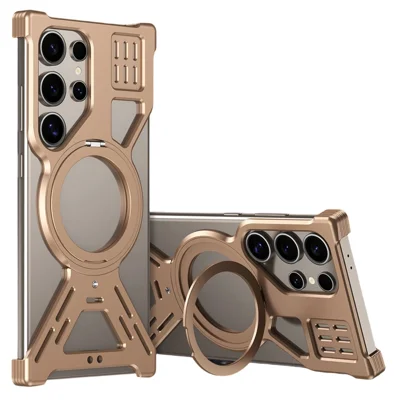 For Samsung Galaxy S23 Ultra Magnetic Bumper Case Rotating Kickstand Metal Phone Cover - Desert Gold