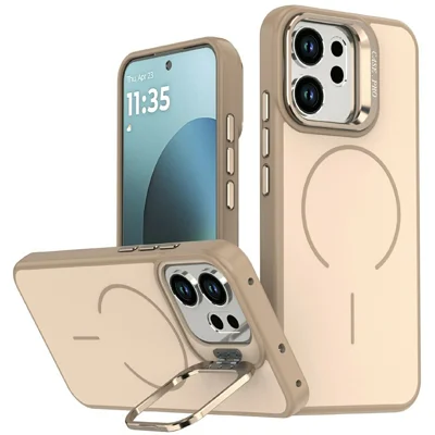 Oppo Reno14 F 5G hoesje met huidgevoel PC + TPU magnetisch telefoonhoesje met lensframe en standaard - Woestijn goud