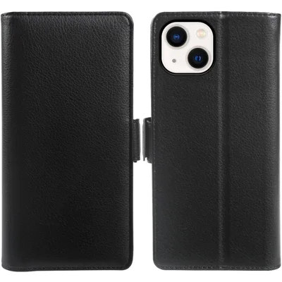 For iPhone 13 Wallet Case with Dual Magnetic Clasp Litchi Textured Leather Flip Stand Phone Cover - Black