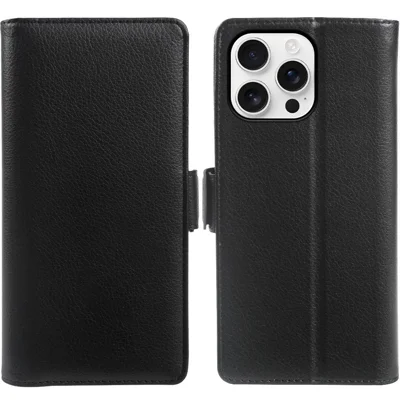 For iPhone 13 Pro Wallet Case with Dual Magnetic Clasp Litchi Textured Leather Flip Stand Phone Cover - Black
