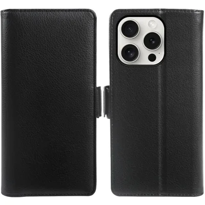 Flip-Case für iPhone 15 Pro Max mit Brieftasche und doppeltem magnetischem Verschluss, Leder-Optik mit Litschi-Struktur, Ständer-Funktion – Schwarz