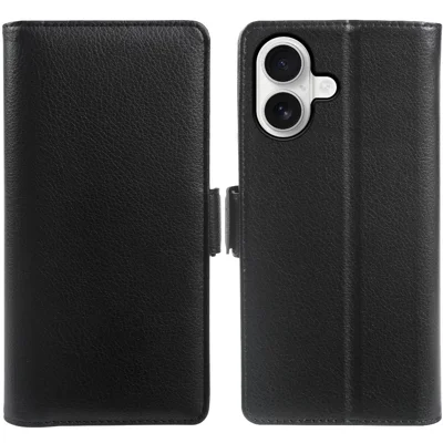 For iPhone 16 Plus Wallet Case with Dual Magnetic Clasp Litchi Textured Leather Flip Stand Phone Cover - Black