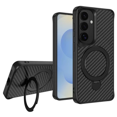 For Samsung Galaxy A55 5G Phone Case with Magnetic Kickstand TPU + PC Carbon Fiber Back Cover - Black