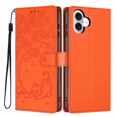 For iPhone 16 Stand Case Træ-og-kat-mønster PU-læder Wallet beskyttelsesdæksel med håndledsrem - Orange