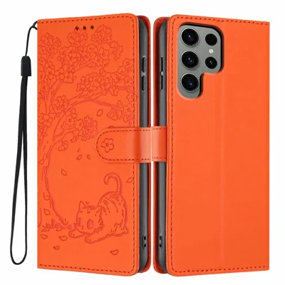 For Samsung Galaxy S24 Ultra Stand Case Tree-and-Cat Pattern PU Leather Wallet Protective Phone Cover with Wrist Strap - Orange