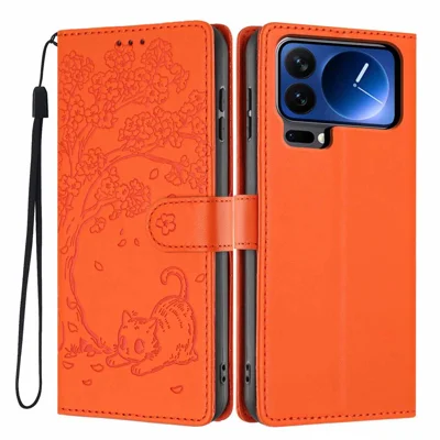 Flip-Case für Xiaomi 17 Pro Max mit Standfunktion, Baum-und-Katze-Muster, PU-Leder, Brieftaschen-Handyhülle mit Handschlaufe – Orange