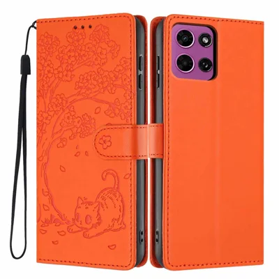 Stand Case for Motorola Moto G Play (2026) 5G / Moto G (2026) 5G / Moto G 5G (2025) Tree-and-Cat Pattern PU Leather Wallet Protective Phone Cover with Wrist Strap - Orange