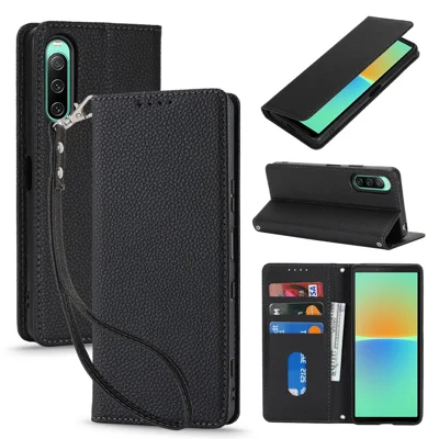 For Sony Xperia 10 IV 5G Case Stand Wallet Litchi Texture Leather Flip Phone Cover with Strap - Black