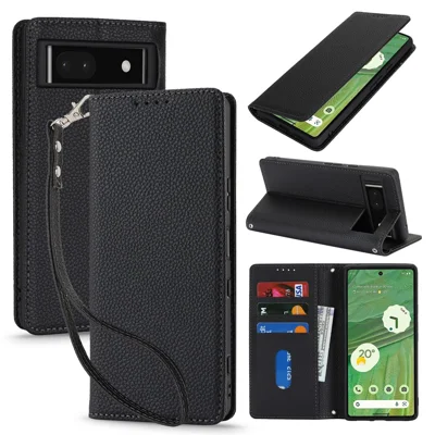 For Google Pixel 7 5G Case Stand Wallet Litchi Texture Leather Flip Phone Cover with Strap - Black