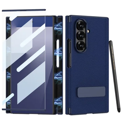 GKK Für Samsung Galaxy Z TriFold 5G Hülle Ständer Magnetverschluss Leder + PC Handyhülle mit Hartglasfolie / Stift - Dunkelblau