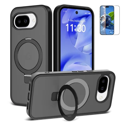 Für Google Pixel 10a Magnetische Hülle Mattes Flüssigsilikon TPU Stoßfeste Handyhülle mit Ständer und gehärtetem Glas - Schwarz