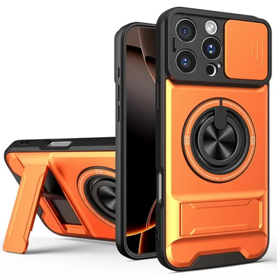 Großhandelskauf für iPhone 16 Pro kompatibel mit MagSafe Hülle Ringhalter Klappständer TPU PC Handyhülle mit Kameraobjektivschieber - Orange
