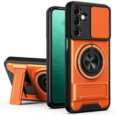 Bulk Purchasing For Samsung Galaxy A16 4G  /  A16 5G Magnetic Case Ring Holder Foldable Kickstand TPU PC Phone Cover with Camera Lens Slider - Orange