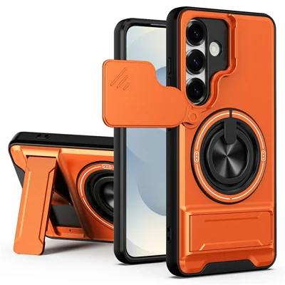 Bulk Purchasing For Samsung Galaxy S25 Magnetic Case Ring Holder Foldable Kickstand TPU PC Phone Cover with Camera Lens Slider - Orange