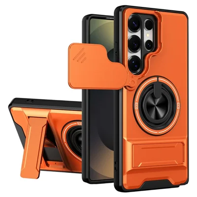 Bulk Purchasing For Samsung Galaxy S25 Ultra Magnetic Case Ring Holder Foldable Kickstand TPU PC Phone Cover with Camera Lens Slider - Orange