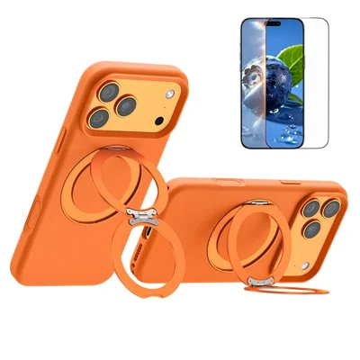 Capa Magnética para iPhone 17 Pro Max com Suporte de Silicone Líquido TPU e Vidro Temperado Compatível com MagSafe - Laranja