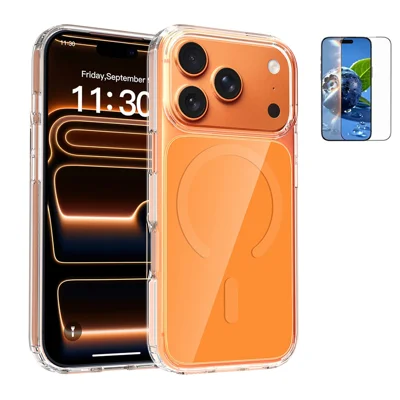 Cover magnetico per iPhone 17 Pro Max, custodia trasparente in TPU e PC con vetro temperato antiurto compatibile con MagSafe - Arancione