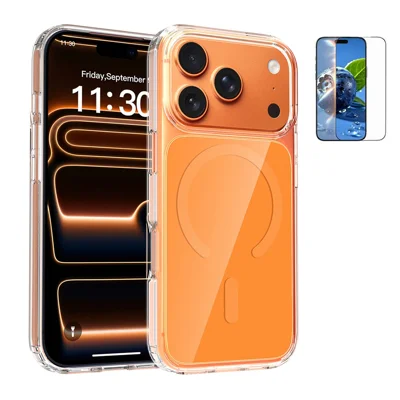 Étui magnétique pour iPhone 17 Pro, coque transparente en TPU et PC avec verre trempé anti-éclatement, compatible MagSafe - Orange