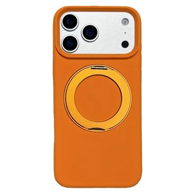 Coque en silicone liquide pour iPhone 17 Pro Max, dos en alliage d'aluminium et PC, support pivotant intégré, compatible MagSafe - Orange