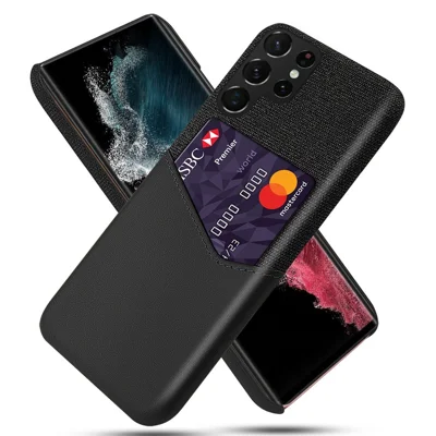 For Samsung Galaxy S23 Ultra Cloth Texture PU Leather Coated Hard PC Phone Case Anti-drop Card Holder Protective Cover - Black