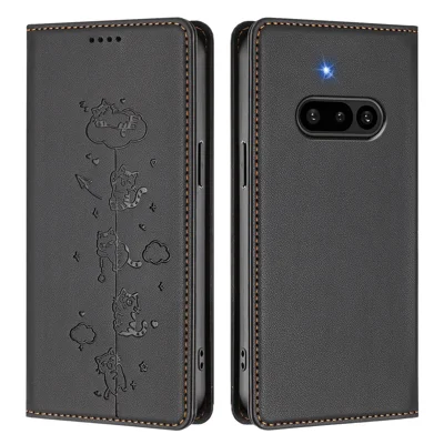 For Nothing Phone (3a) Case RFID Blocking Wallet Stand Imprinted Cat Pattern Leather Phone Cover - Black