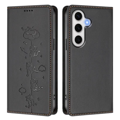 For Samsung Galaxy S24 FE Case RFID Blocking Wallet Stand Imprinted Cat Pattern Leather Phone Cover - Black