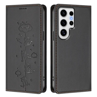 Samsung Galaxy S24 Ultra-hoesje met RFID-blokkering, portemonnee, standaard en ingeprinte kattenprint in lederen telefoonhoes - Zwart