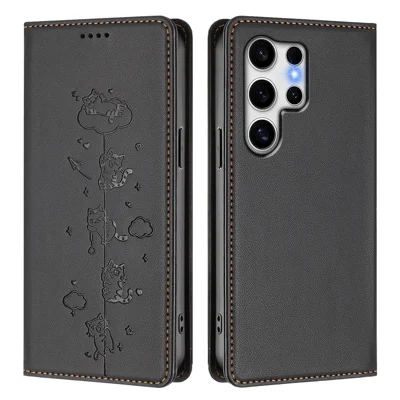 Samsung Galaxy S25 Ultra-hoesje met RFID-blokkering, portemonnee, standaard en ingeprinte kattenprint in lederen telefoonhoes - Zwart