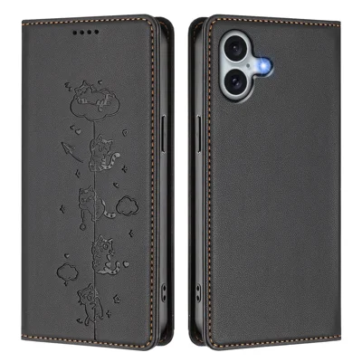 For iPhone 16 Plus Case RFID Blocking Wallet Stand Imprinted Cat Pattern Leather Phone Cover - Black
