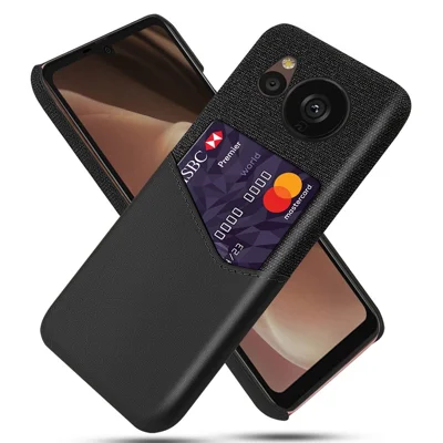 For Sharp Aquos Sense 7 Plus PU Leather Coated Hard PC Phone Cover Cloth Texture Card Holder Protective Case - Black