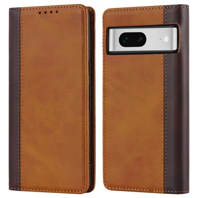 For Google Pixel 7 5G Calf Texture PU Leather Wallet Case Stand Magnetic Auto-absorbed Bi-color Splicing Flip Folio Phone Cover - Yellow  /  Brown