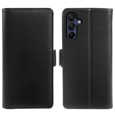 For Samsung Galaxy A15 4G  /  A15 5G Wallet Case with Dual Magnetic Clasp Litchi Textured Leather Flip Stand Phone Cover - Black