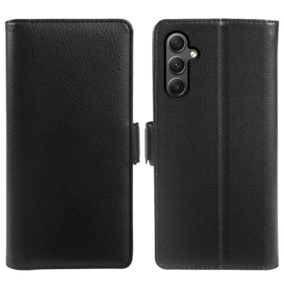 For Samsung Galaxy A34 5G Wallet Case with Dual Magnetic Clasp Litchi Textured Leather Flip Stand Phone Cover - Black