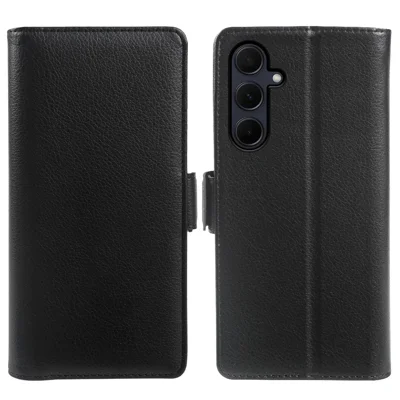 For Samsung Galaxy A35 5G Wallet Case with Dual Magnetic Clasp Litchi Textured Leather Flip Stand Phone Cover - Black