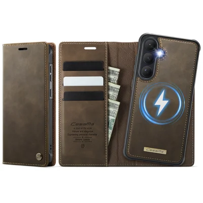 Capa Magnética para Samsung Galaxy S26 CASEME C49 com Bloqueio RFID, Capa em Pele com Carteira Amovível - Café