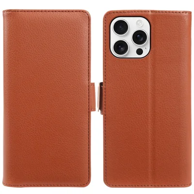 For iPhone 16 Pro Max Wallet Case with Dual Magnetic Clasp Litchi Textured Leather Flip Stand Phone Cover - Brown