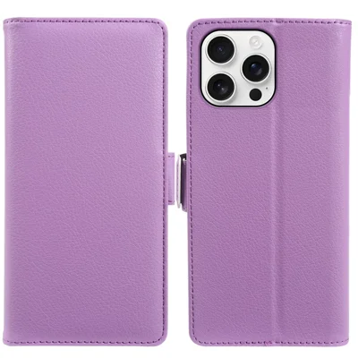 For iPhone 16 Pro Wallet Case with Dual Magnetic Clasp Litchi Textured Leather Flip Stand Phone Cover - Purple
