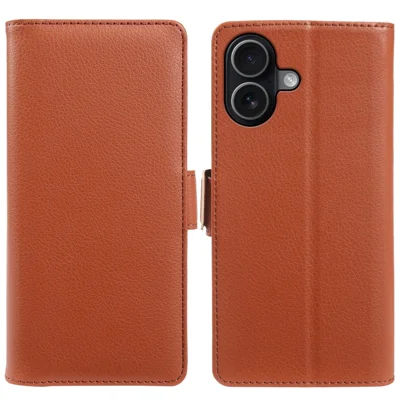 For iPhone 17 Wallet Case with Dual Magnetic Clasp Litchi Textured Leather Flip Stand Phone Cover - Brown