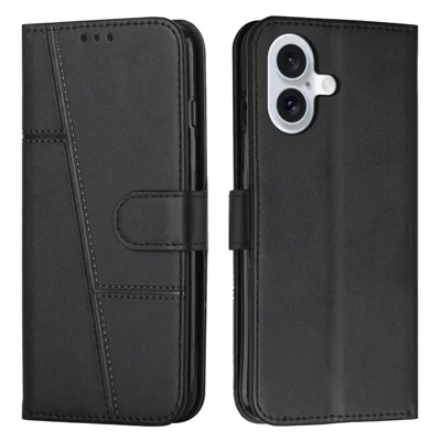 Bulk Purchasing For iPhone 17 Leather Case Calf Texture Foldable Stand Wallet Flip Phone Cover with Strap - Black