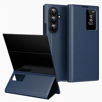 Für Samsung Galaxy Z TriFold 5G Hülle mit Kartenfach, Smart View Fenster, Ledertasche - Saphir