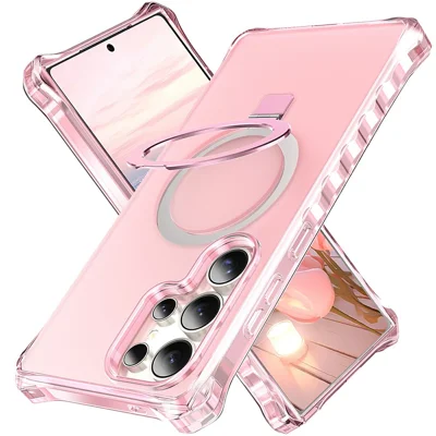 For Samsung Galaxy S26 Ultra Magnetic Case Matte Kickstand Hybrid Phone Cover Small Wavy Edge - Pink