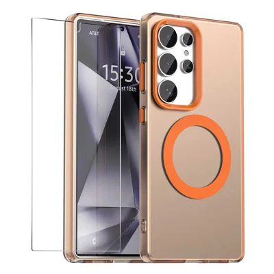 ENKAY HAT PRINCE For Samsung Galaxy S24 Ultra Case with 0.18mm High Aluminium-silicon Glass Film PC TPU Magnetic Back Cover - Orange
