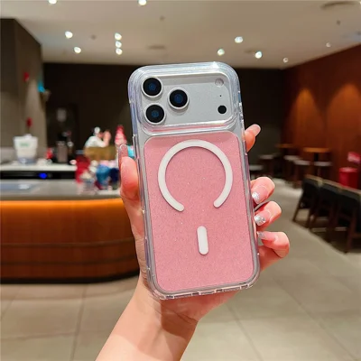 Coque pour iPhone 17 Pro Max compatible MagSafe transparente avec paillettes, housse anti-choc en TPU et acrylique - Rose