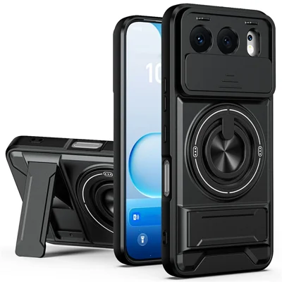 For Honor 500 5G Magnetic Case Ring Holder Foldable Kickstand TPU PC Phone Cover with Camera Lens Slider - Black
