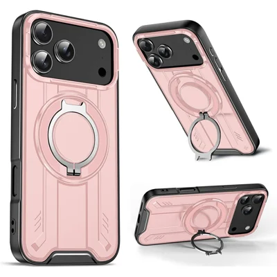 Til iPhone 17 Pro Case Kompatibel med MagSafe Rotationsring Stand PC + TPU Stødfast Telefonbeskyttelse - Pink